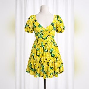 🍋 Lemon Print Puff Sleeve Open Back Mini Dress Size S Summer